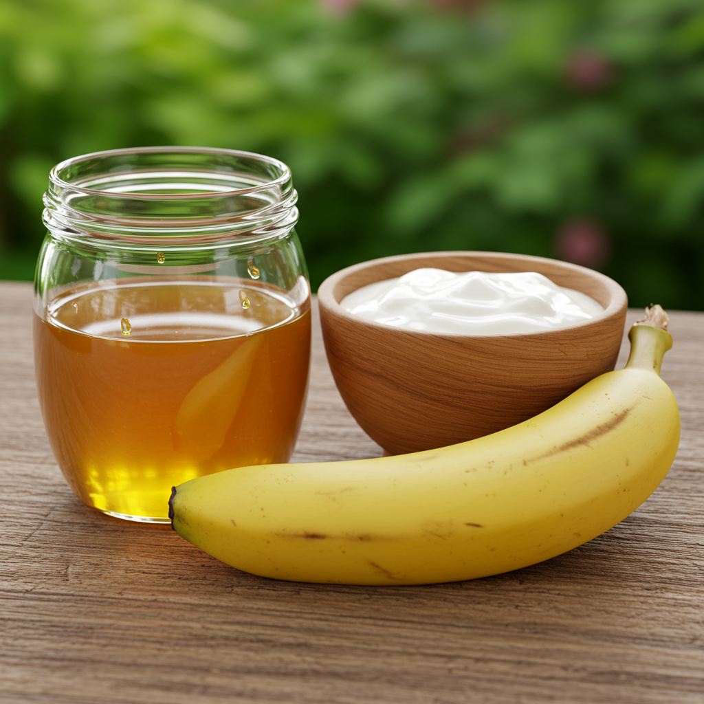 Banana, yogurt and honey DIY on a table for a deep conditioning hair mask