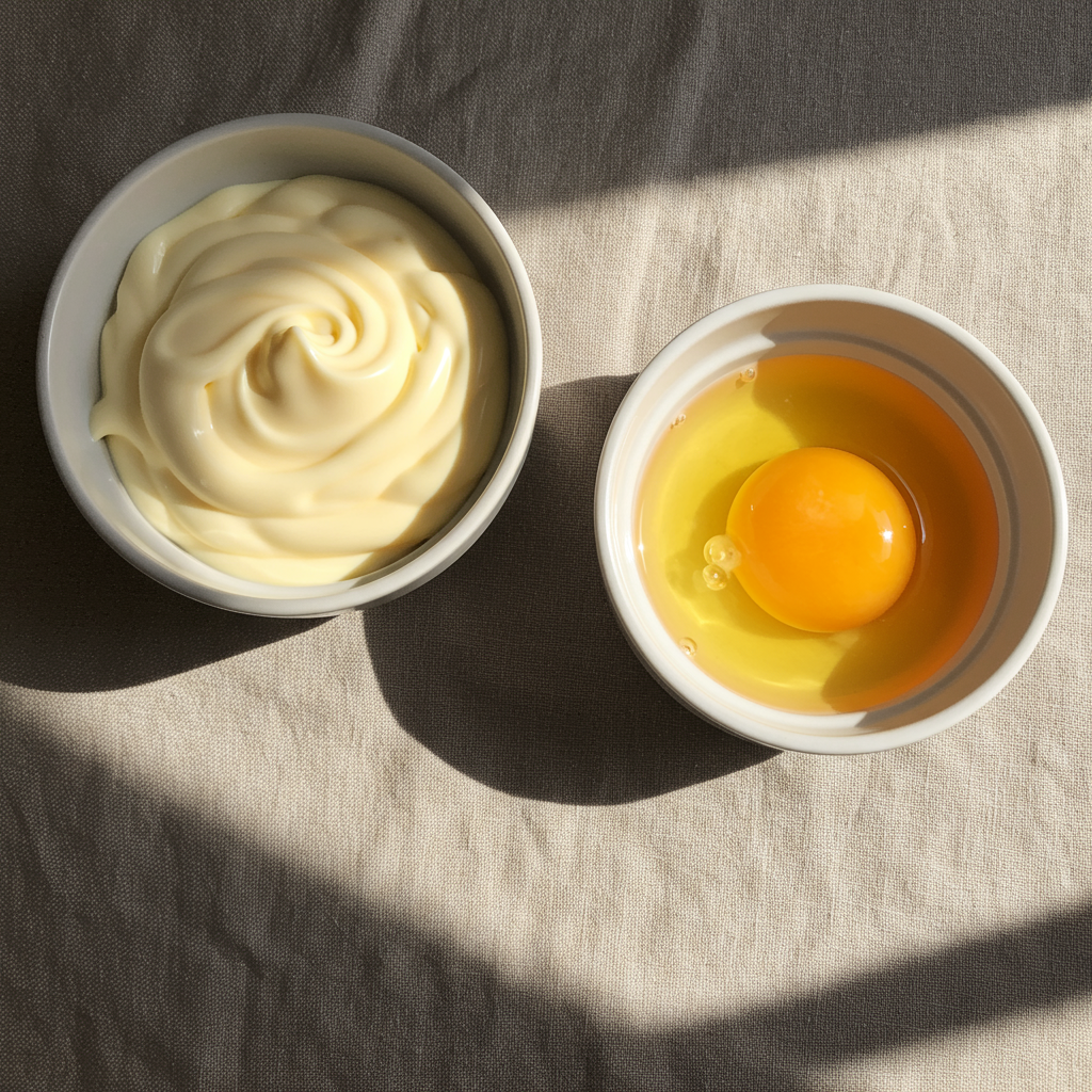 Mayonnaise and egg in bowls for a DIY deep conditioning mask