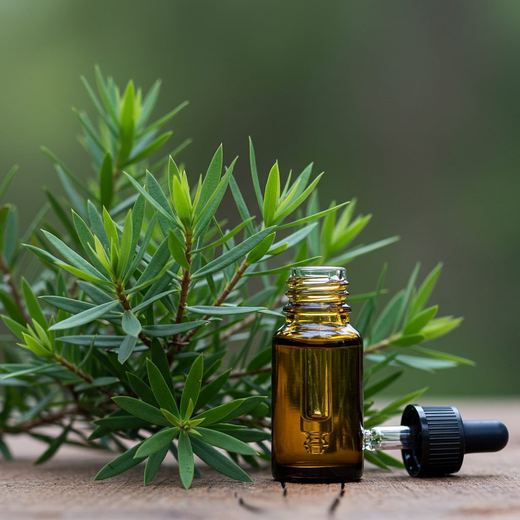 Fresh tea tree plant and natural hair oil